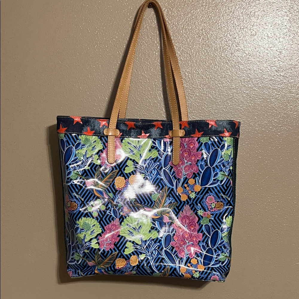 Consuela Blue Floral Tote with Tan Handles